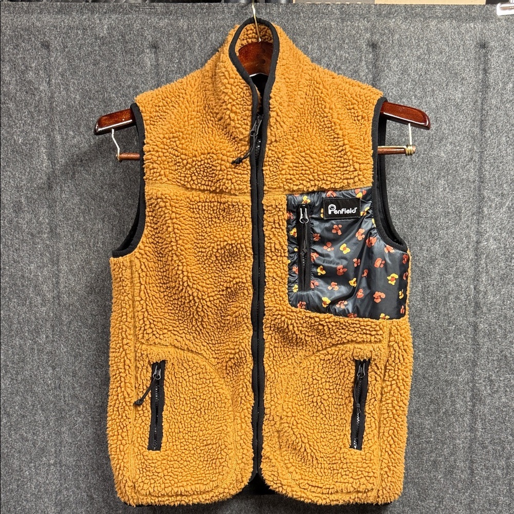 Penfield Brown Sherpa Vest with Black Floral Pocket